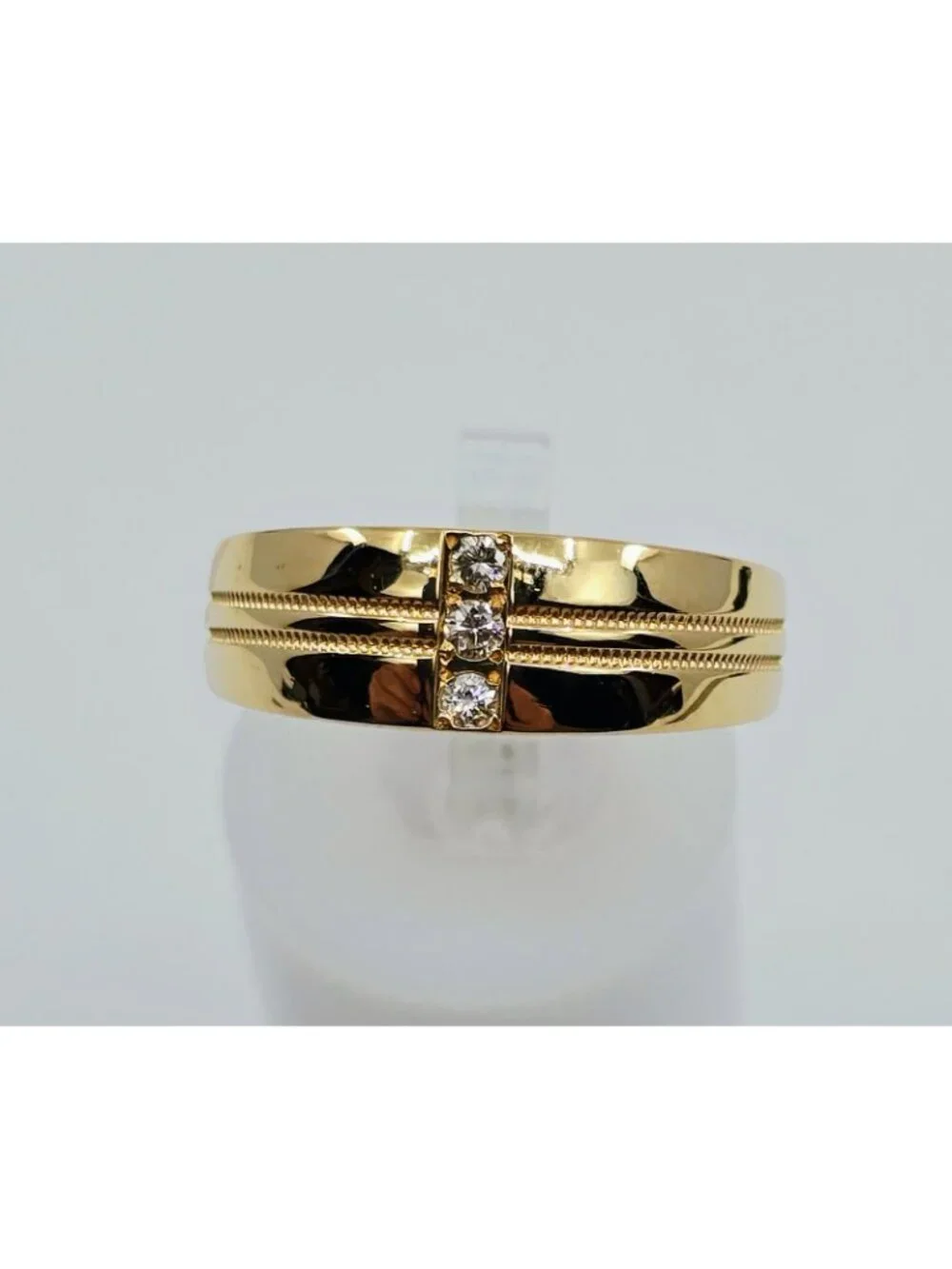 Unique 14K Solid Yellow Gold Designer Vertical Row 3 Diamond Ring Band Size 7.25